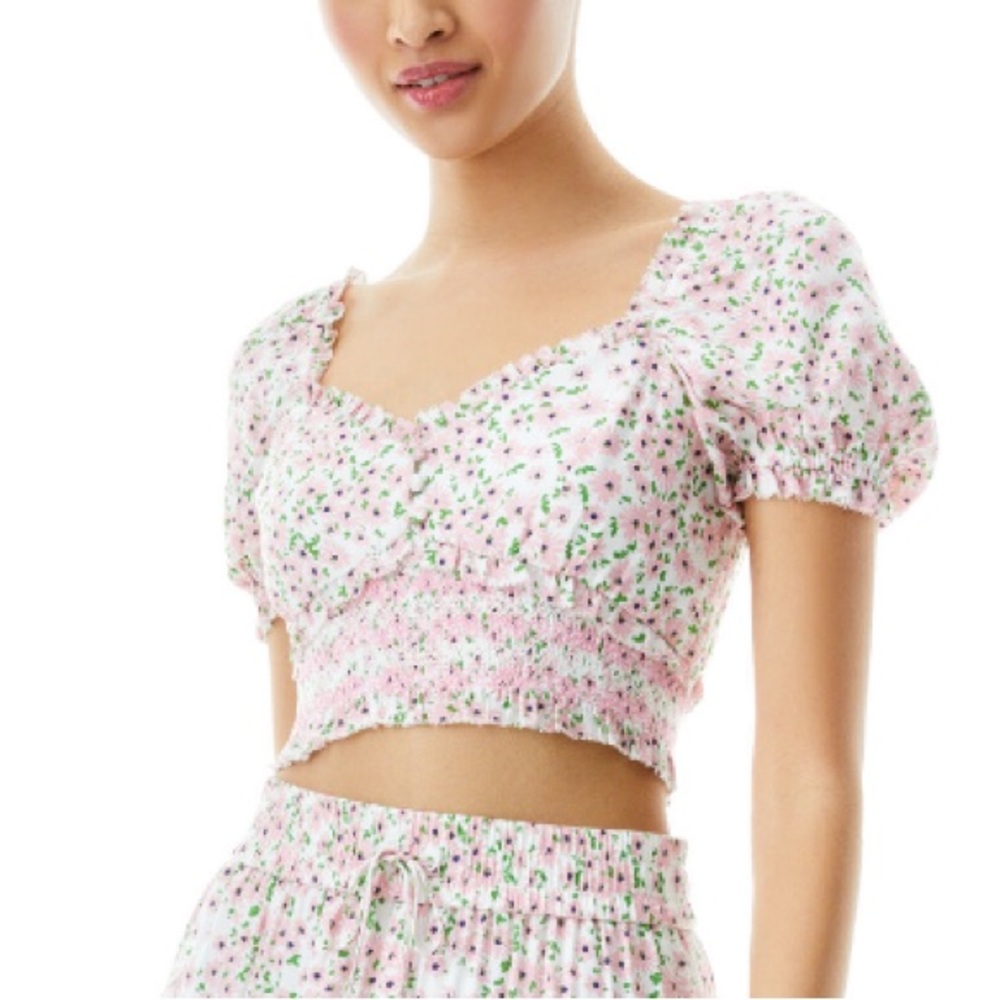 Alice + Olivia RIANNA PUFF SLEEVE CROP TOP floral print